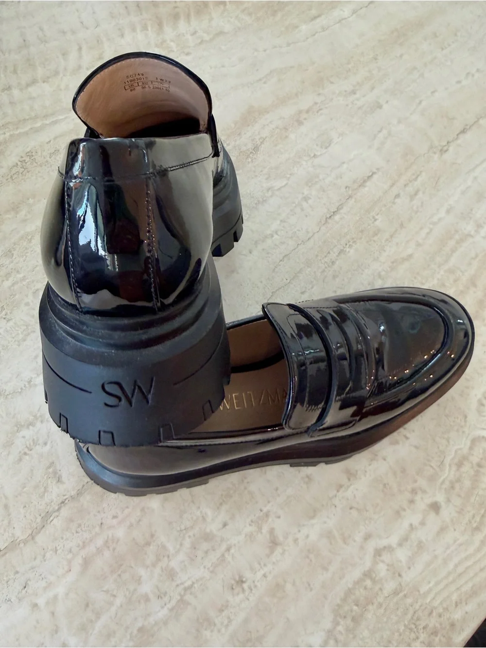 Stuart Weitzman Black Patent Leather Chunky Platform Loafers Size 6